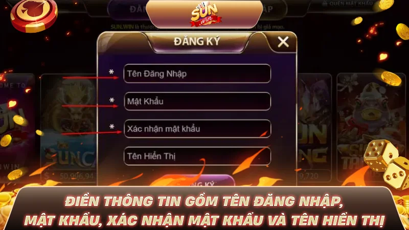 Điền thông tin gồm Tên đăng nhập, Mật khẩu, Xác nhận mật khẩu và Tên hiển thị