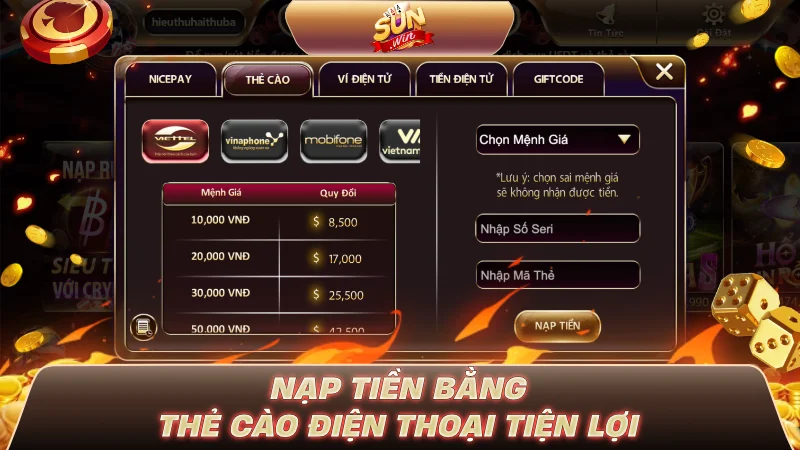 Nạp tiền bằng Thẻ cào điện thoại tiện lợi